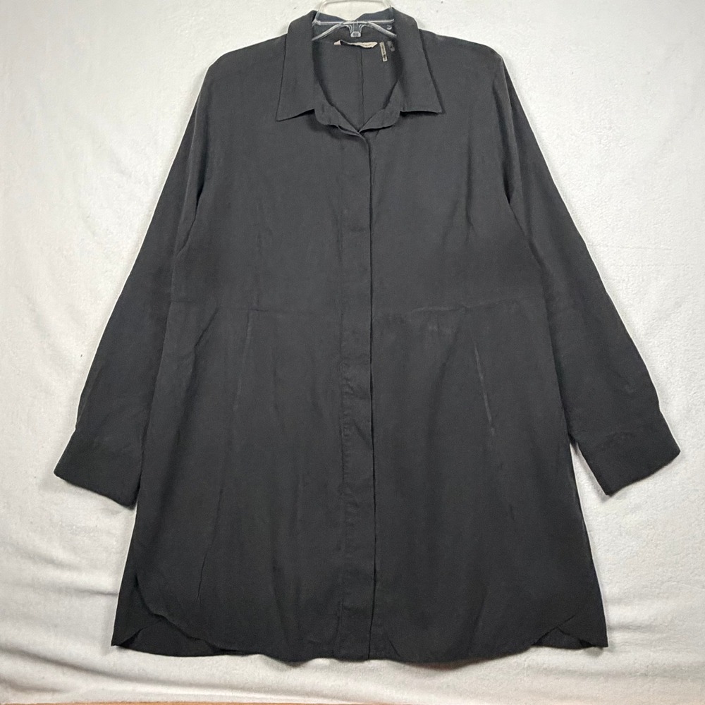 Soft Surroundings Tunic Size XL Black 100% Silk Button Front Lagenlook Roll Tab